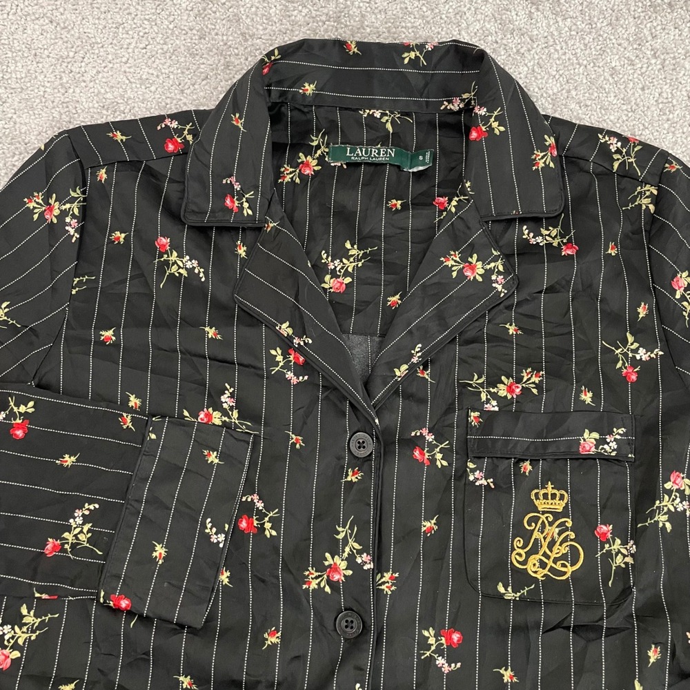 Lauren Ralph Lauren Pajama Top Womens Small Floral Pinstripe Crest Sleepwear